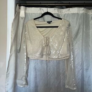 PrettyLittleThing Ivory Sequin Tie-Front Crop Top